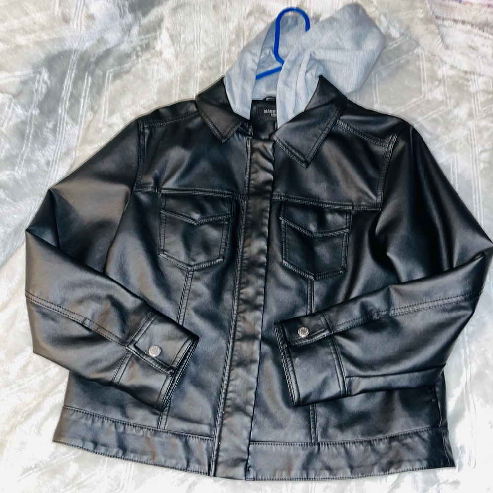 Marc New York Black Leather Jacket with Gray Hood